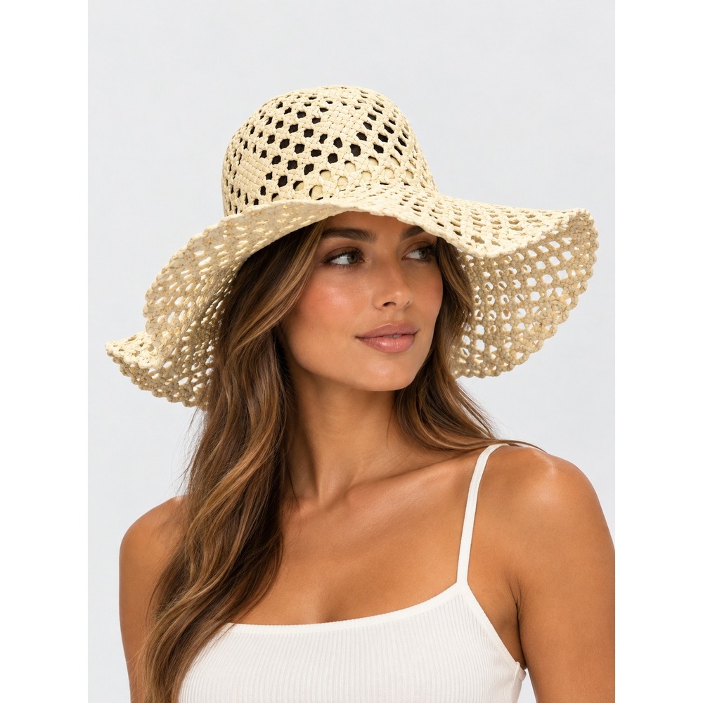 Kensie Beige Open Weave Paper Straw Floppy Sun Hat Beach Vacation OS